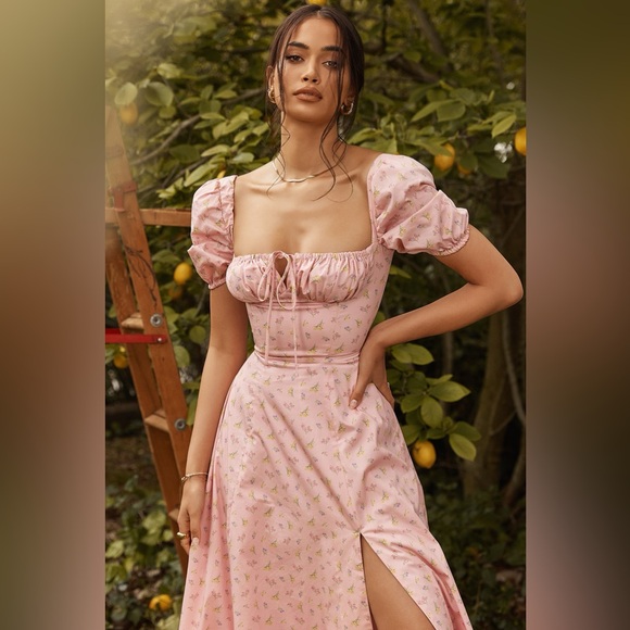 House of CB Pink Floral Puff Sleeve Midi Dress Front Slit Cottagecore Medium